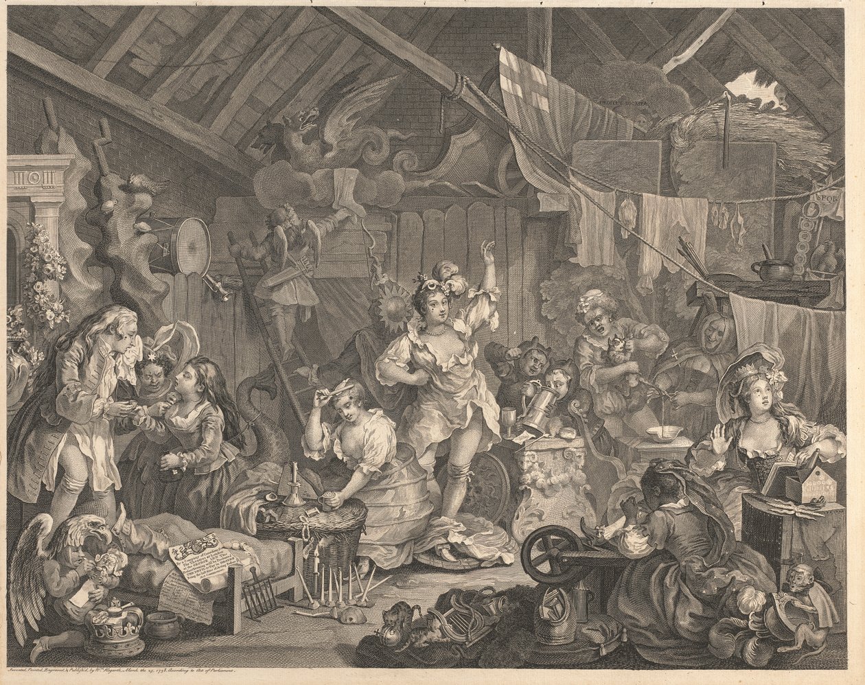Spadserende skuespillerinder klæder sig i en lade af William Hogarth