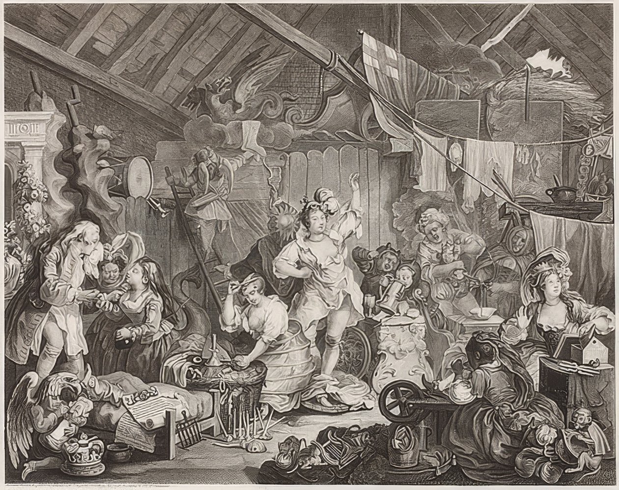 Spadserende skuespillerinder klæder sig i en lade. 1738 af William Hogarth