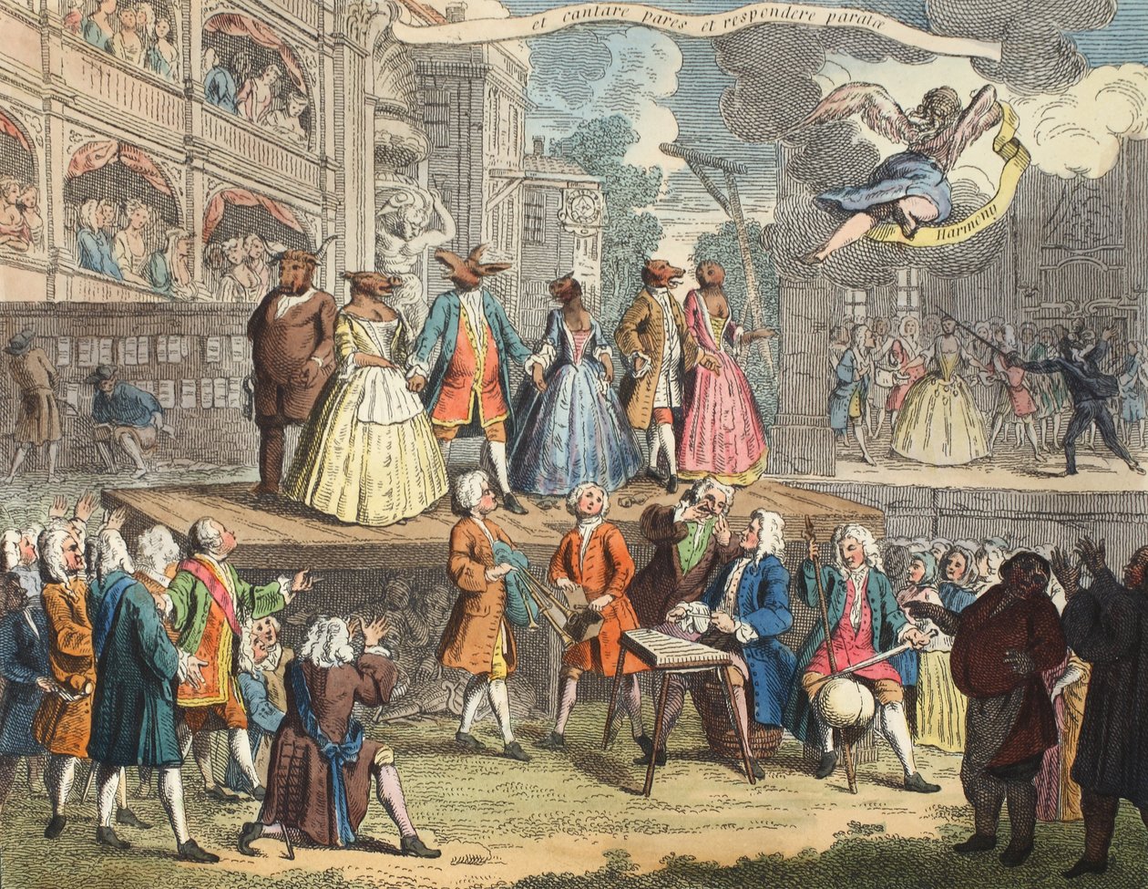 Tiggerens opera, illustration fra "Hogarth Restored: The Whole Works of the celebrated William Hogarth, re-engraved by Thomas Cook", pub. 1812 (håndkoloreret gravering) af William Hogarth