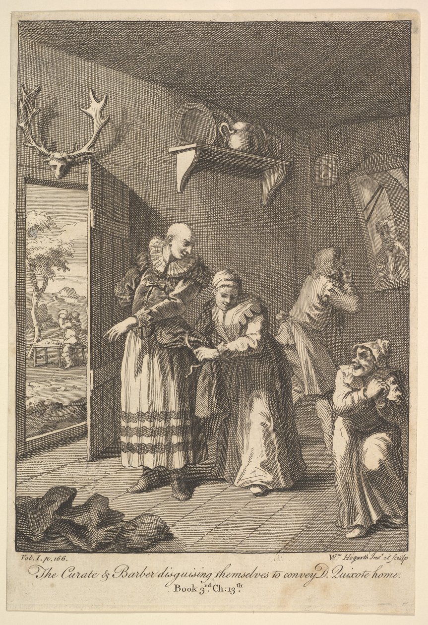 Kuraten og barberen forklæder sig selv for at formidle Don Quixote Home Six I..., 1756 eller senere. af William Hogarth