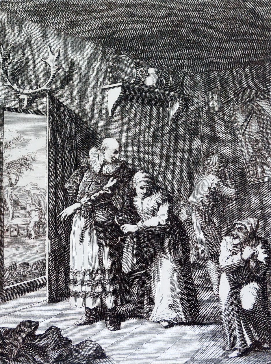 Kuraattori ja parturi naamioivat itsensä välittääkseen Don Quijoten kotiin. Kirjailija: William Hogarth af William Hogarth