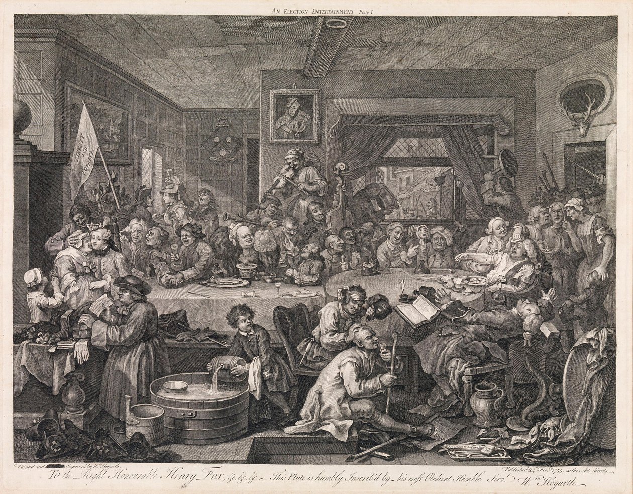 Valget, tavle 1: «Et valgfestmåltid» af William Hogarth