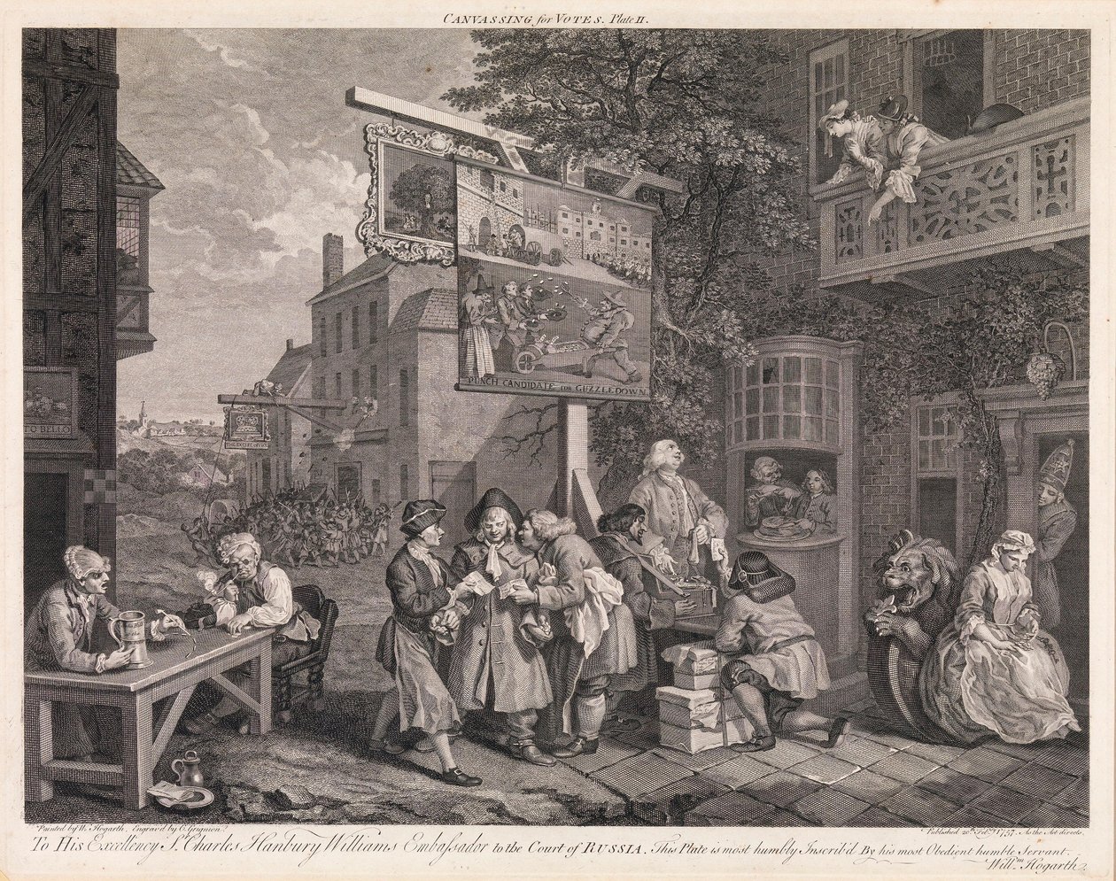 Valget, planche 2: «Stemmekampagne» af William Hogarth