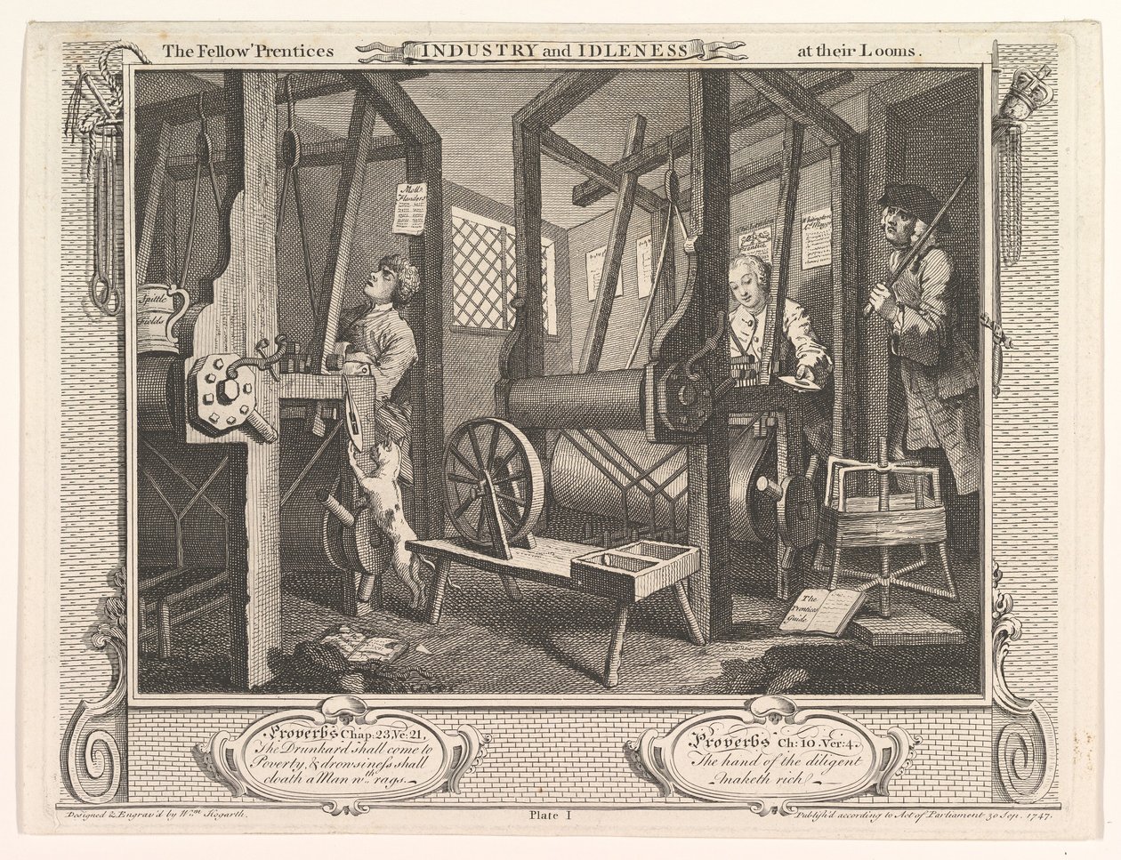 The Fellow Prentices at their Looms Industry and Idleness, plade 1, 30. september 1747. af William Hogarth