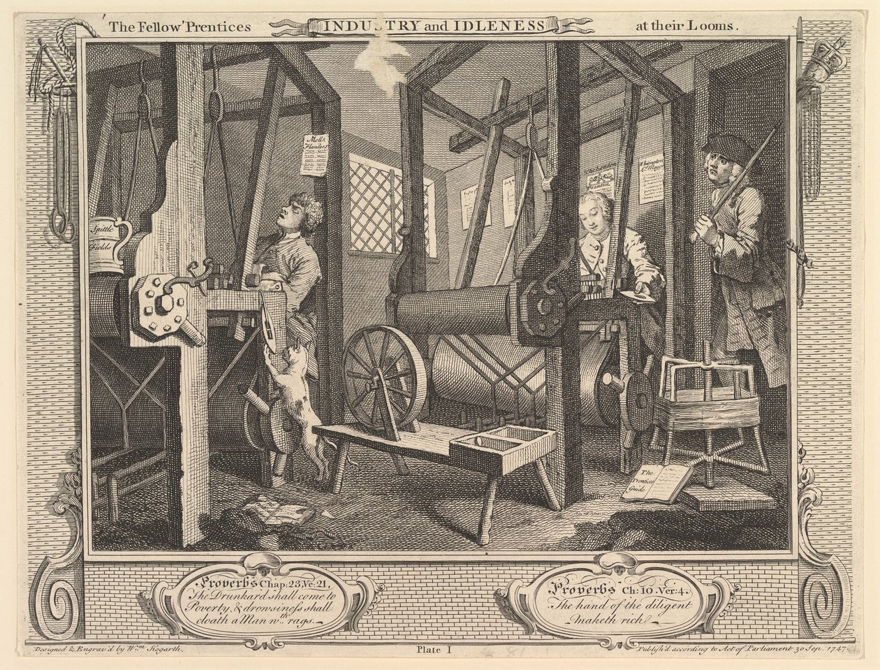 The Fellow Prentices at their Looms: Industry and Idleness, tavle 1, 30. september 1747. af William Hogarth