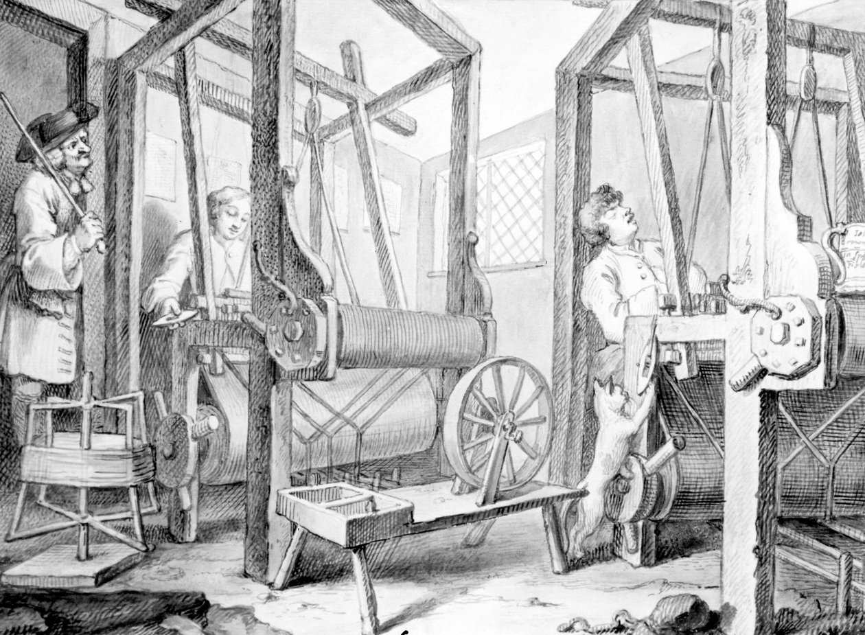 The Fellow Prentices at their Looms Representing Industry and Idleness, 1747 (vask, pen og blæk og grafit på papir) af William Hogarth