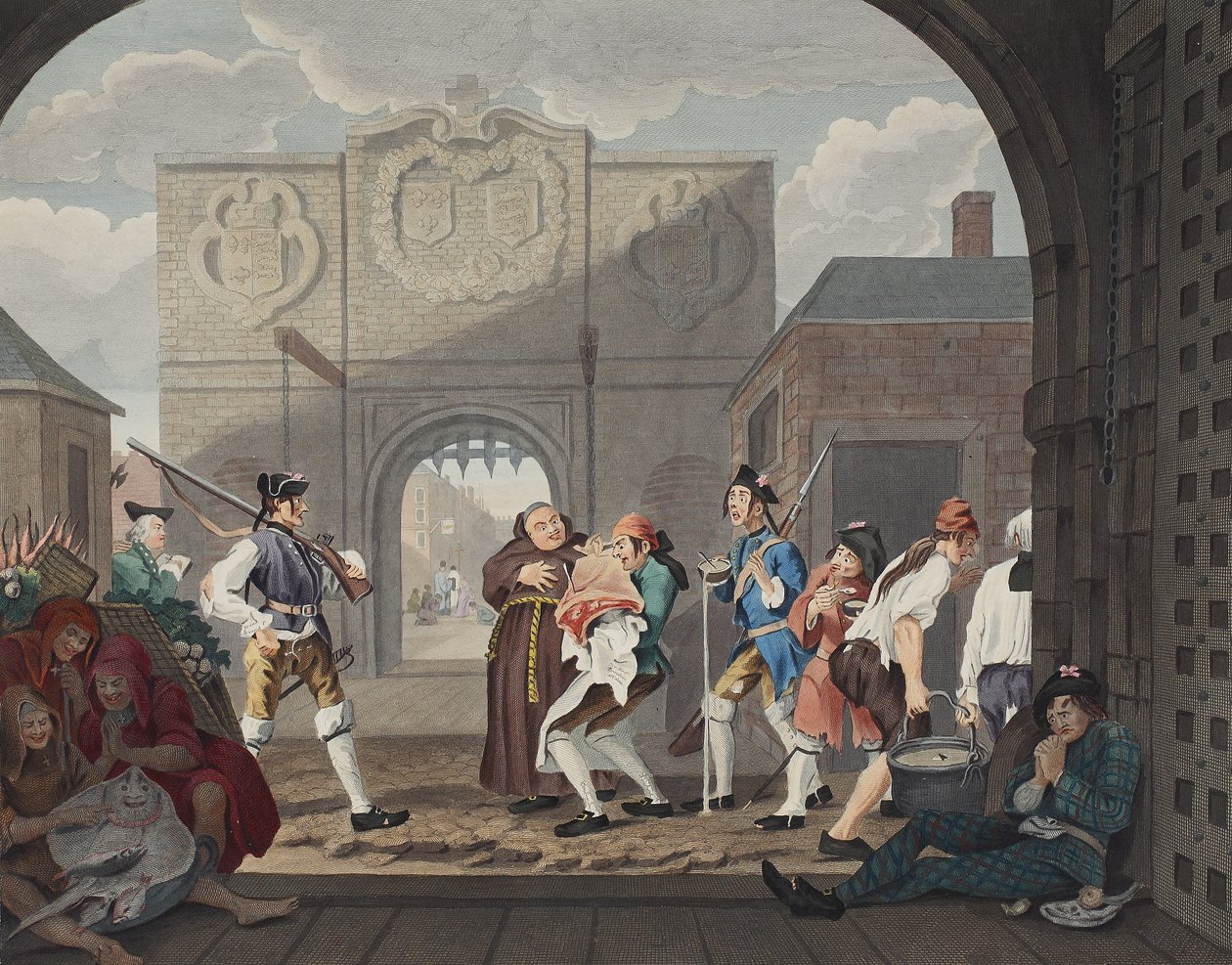 Porten fra Calais, eller O The Roast Beef of Old England, illustration fra "Hogarth Restored: The Whole Works of the celebrated William Hogarth, re-engraved by Thomas Cook", pub. 1812 (håndkoloreret en af William Hogarth
