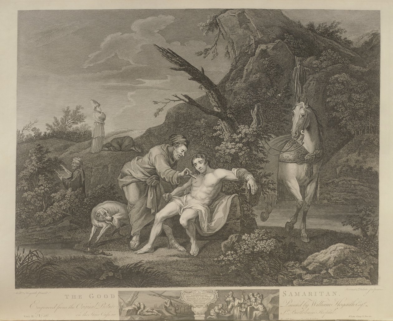Den barmhjertige samaritaner, indgraveret af J.M. Delatre og Simon Francis Ravenet, udgivet af John Boydell (1719-1804) 1772 af William Hogarth