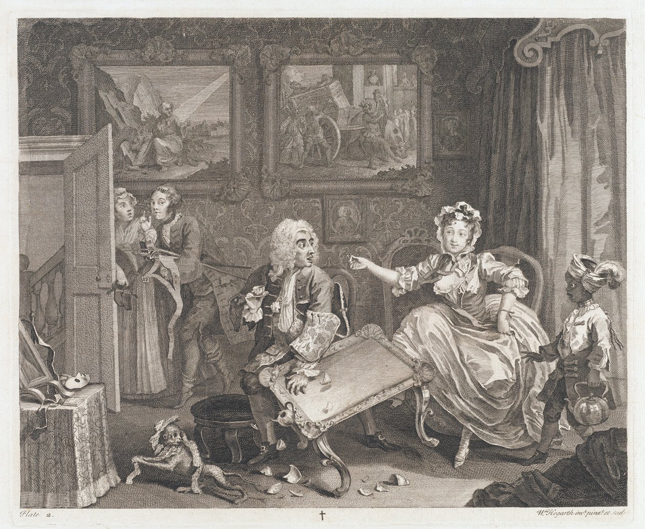 Skøgen finder en beskytter, designet 1732, trykt 1744 (ætsning og gravering) af William Hogarth