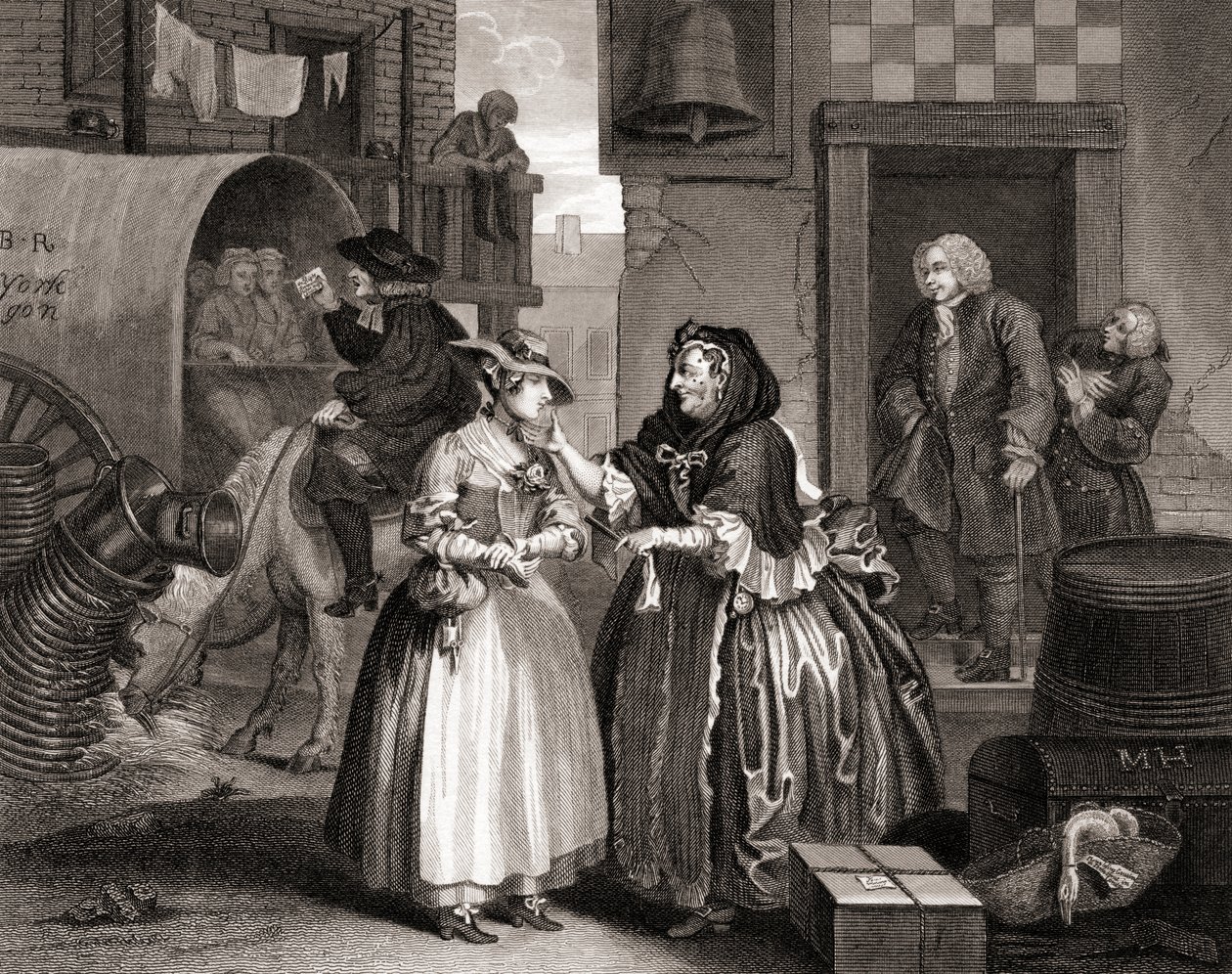 The Harlots Progress fanget af en indkøber, fra The Works of Hogarth udgivet London 1833 (bw-gravering) af William Hogarth
