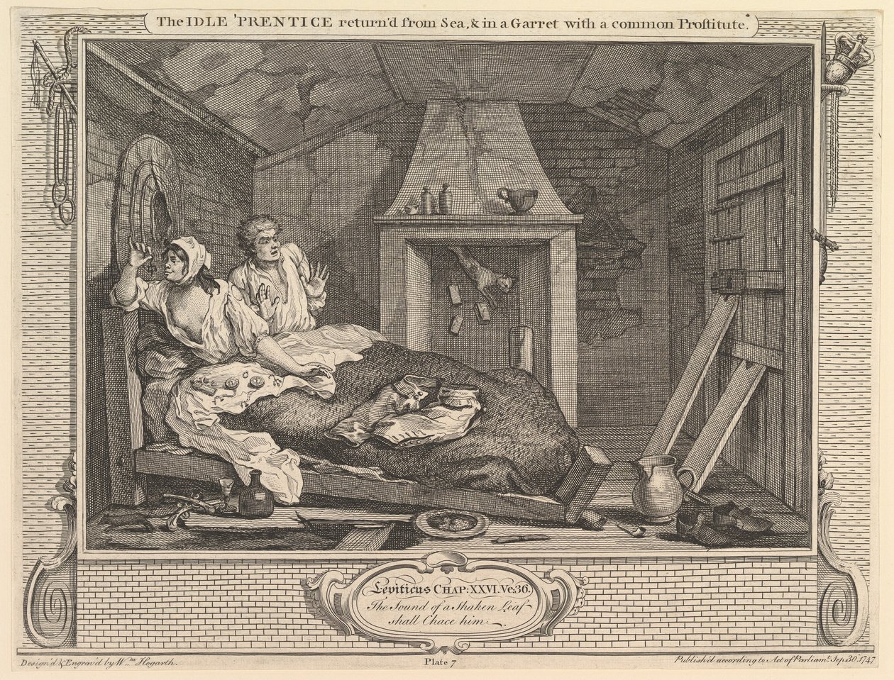 Den ledige Prentice vendte tilbage fra havet og i en garret med en almindelig prostitueret..., 30. september 1747. af William Hogarth