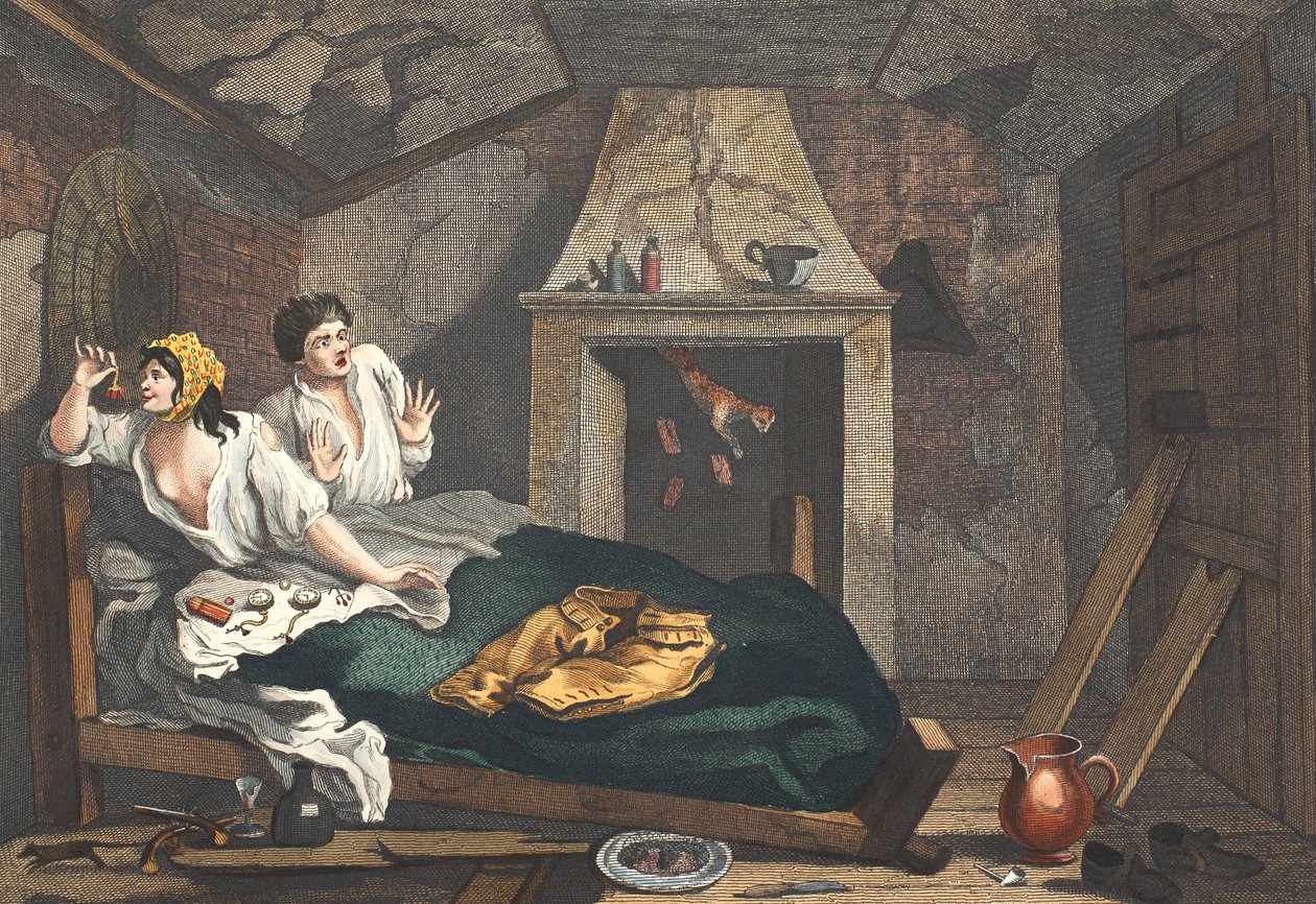 Den ubeskæftigede "Prentice Returned from Sea, and in a Garret with a common Prostitute", planche VII af "Industry and Idleness, illustration fra "Hogarth Restored: The Whole Works of the celebrated William Hogarth af William Hogarth