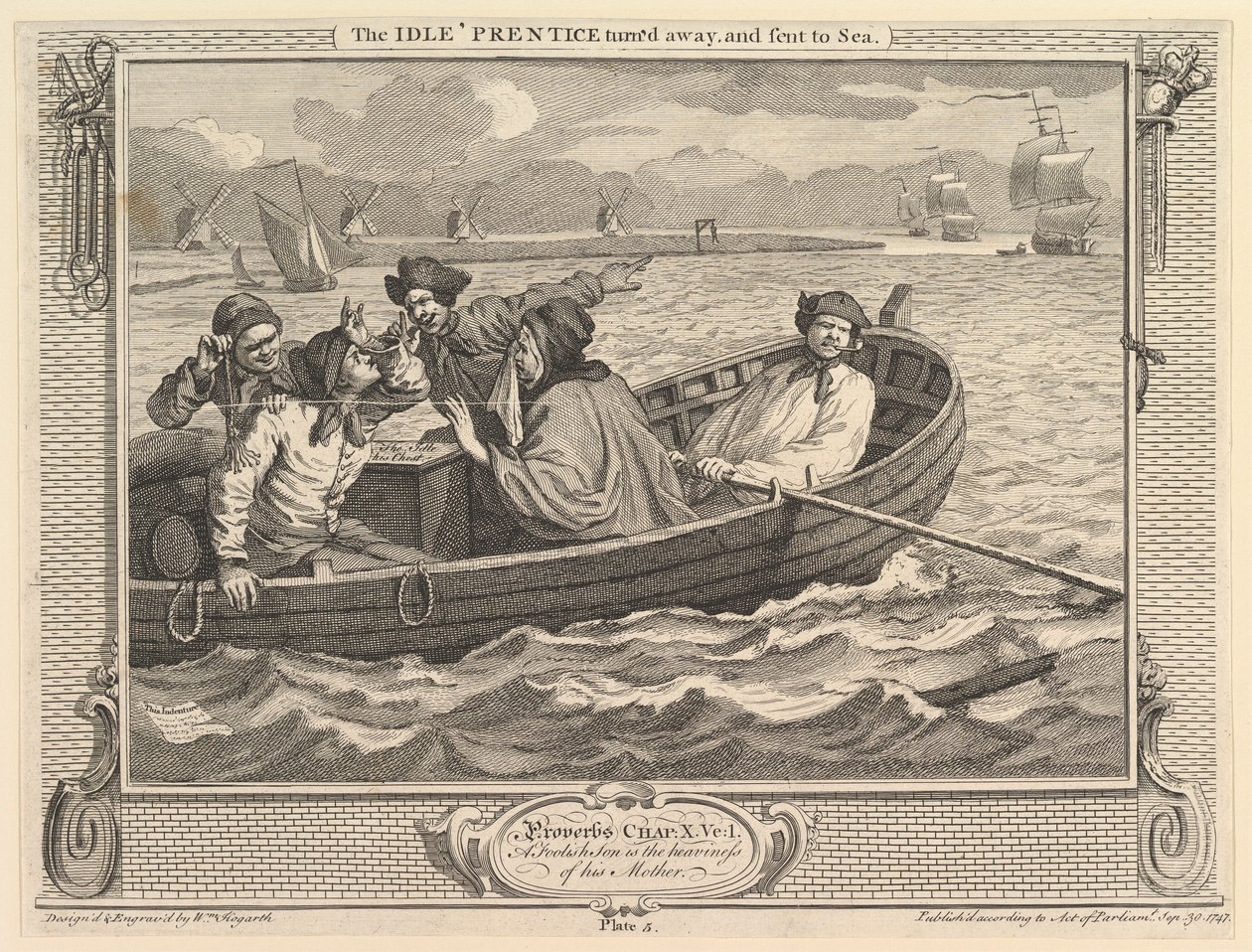 The Idle Prentice Turned Away and Send to Sea: Industry and Idleness, plade 5, 30. september 1747. af William Hogarth