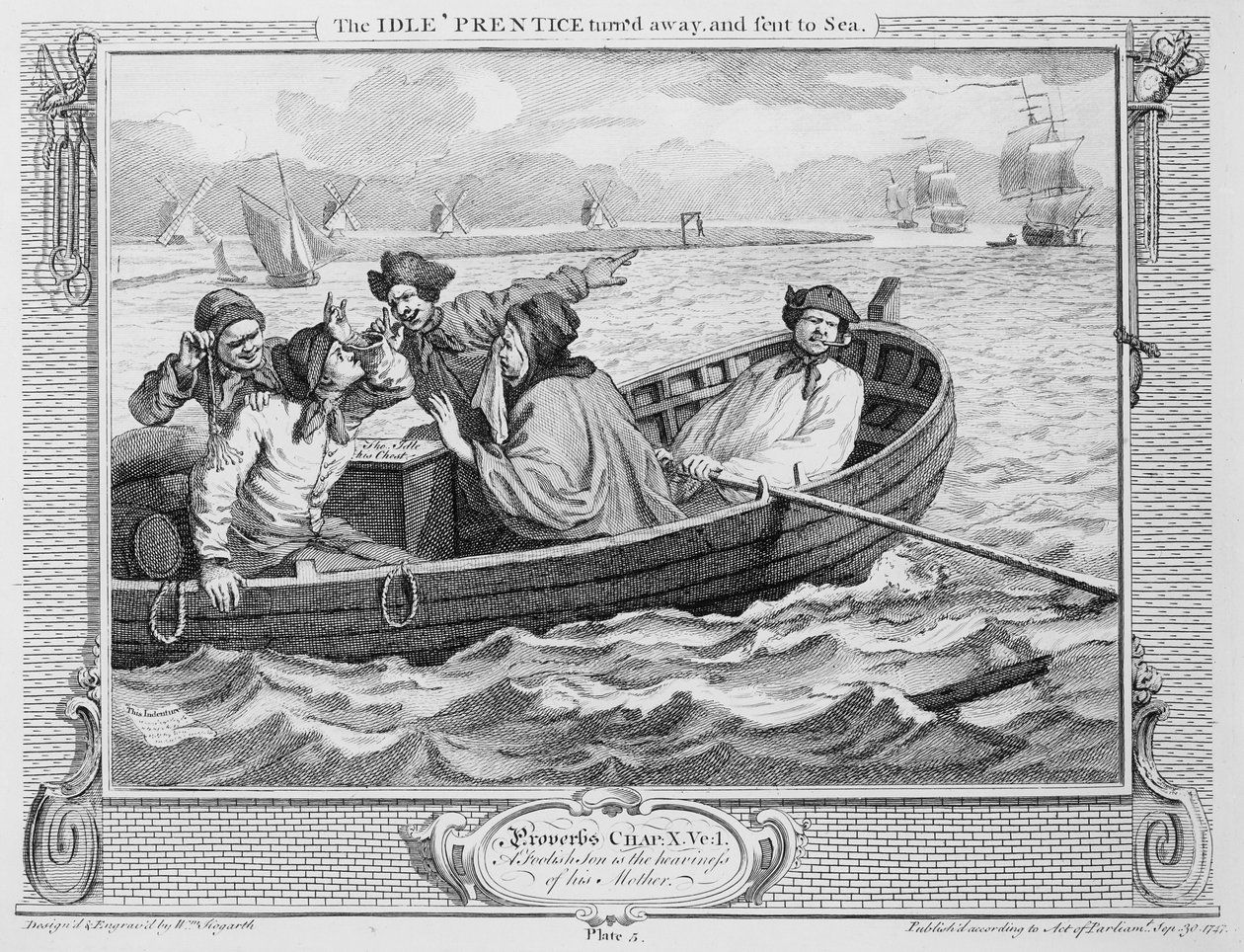 Den ubeskæftigede "Prentice, der blev sendt til søs", tavle V af "Industry and Idleness", 1747 af William Hogarth