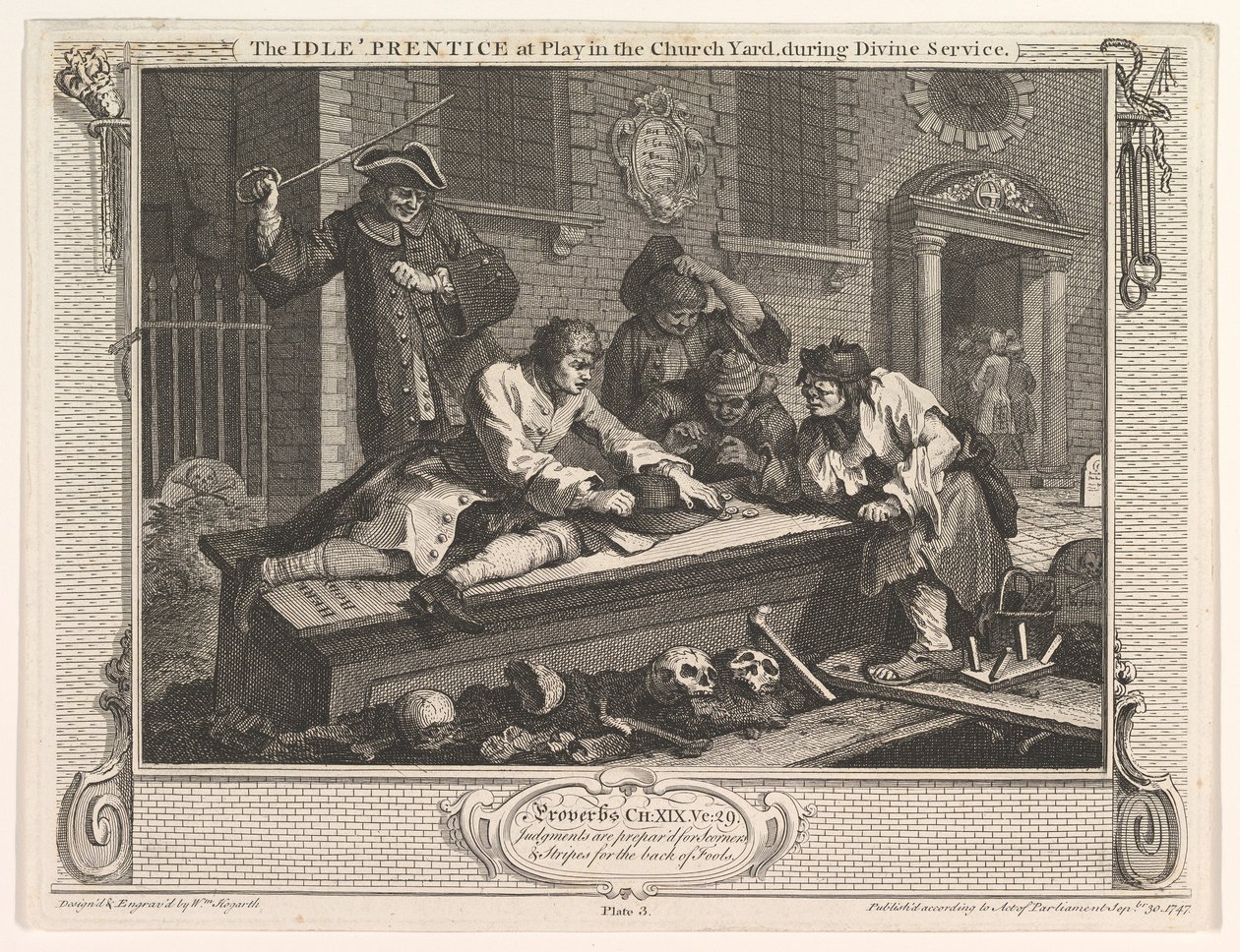 The Idle Prentice at Play in the Church Yard Industry and Leadness, tavle 3, 30. september 1747. af William Hogarth