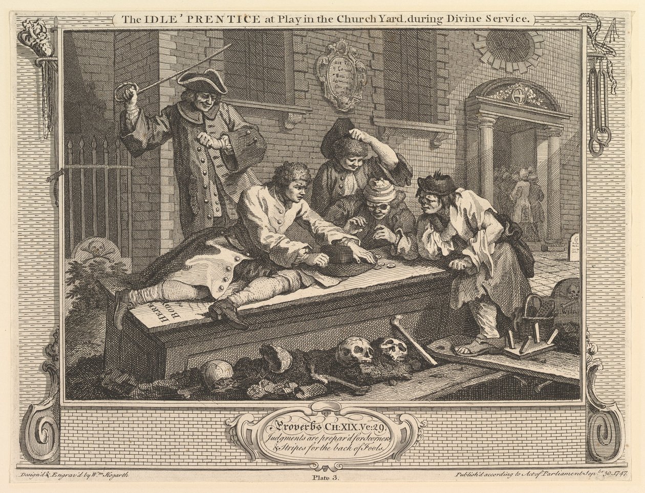 The Idle Prentice at Play in the Churchyard: Industry and Idleness, tavle 3, 30. september 1747. af William Hogarth