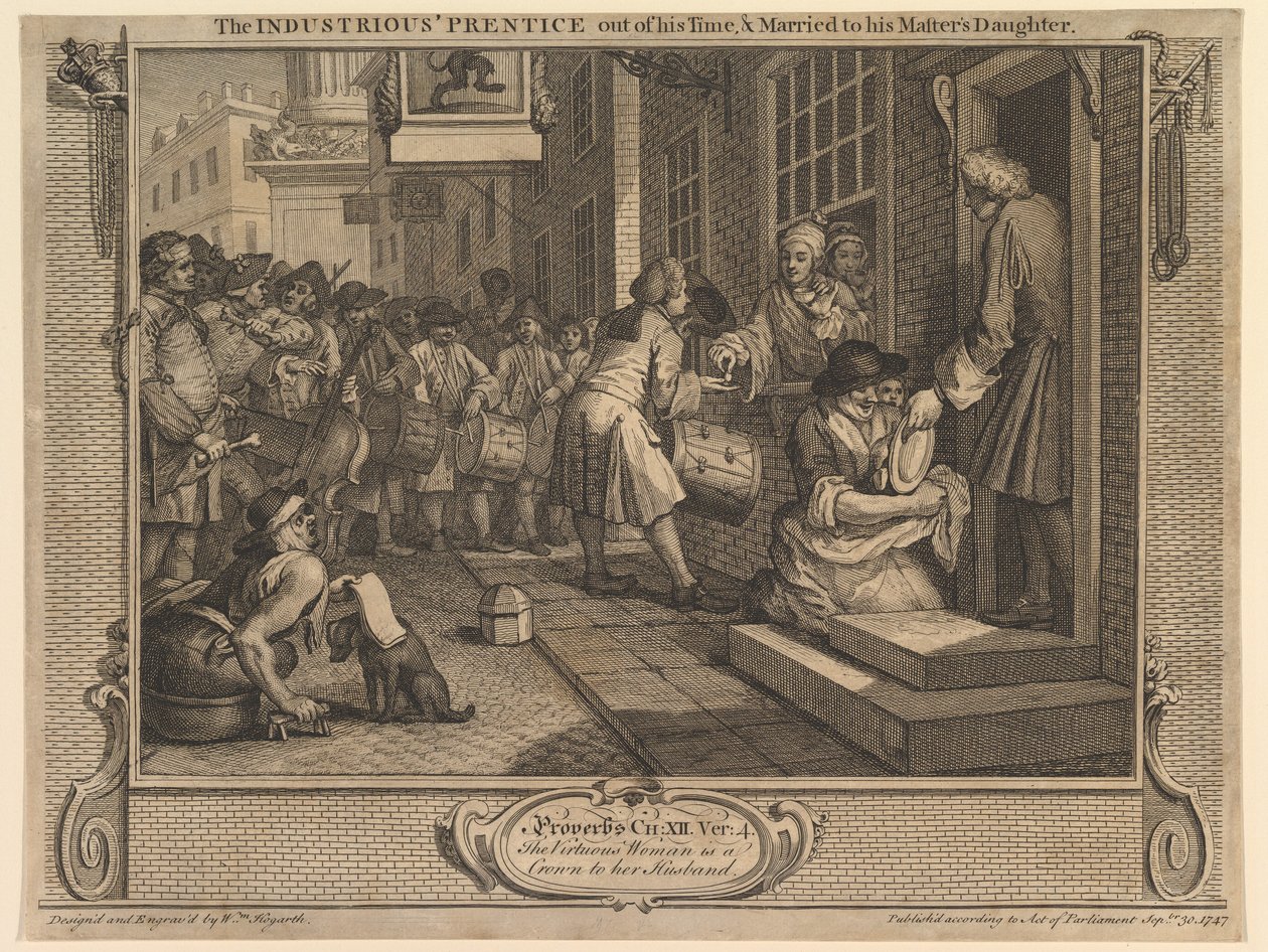 Den flittige lærling er udlært og gift med sin mesters datter: Flid og lediggang, tavle 6 af William Hogarth
