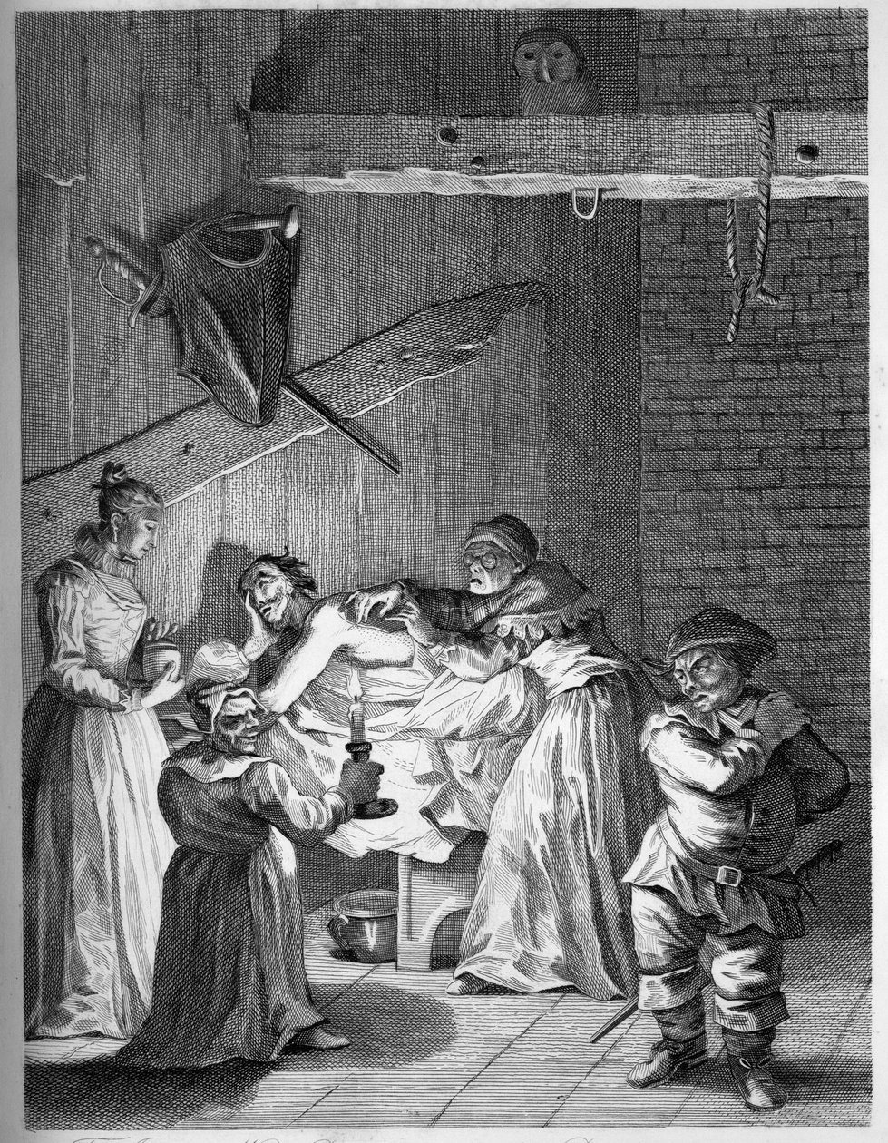 Kroholdernes kone og datter tager sig af Don efter at være blevet slået og forslået af William Hogarth