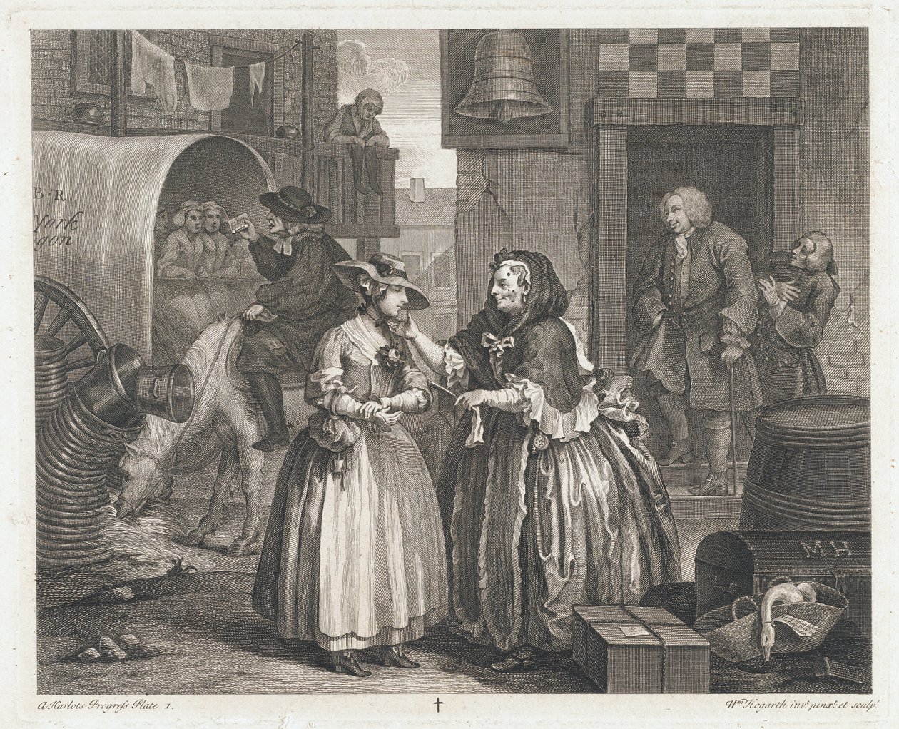 Den uskyldige pige bliver en skøge, designet 1732, trykt 1744 (ætsning og gravering) af William Hogarth