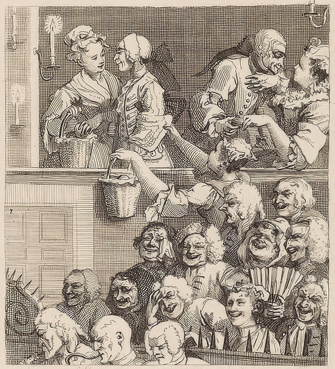 Det grinende publikum. 1733 af William Hogarth