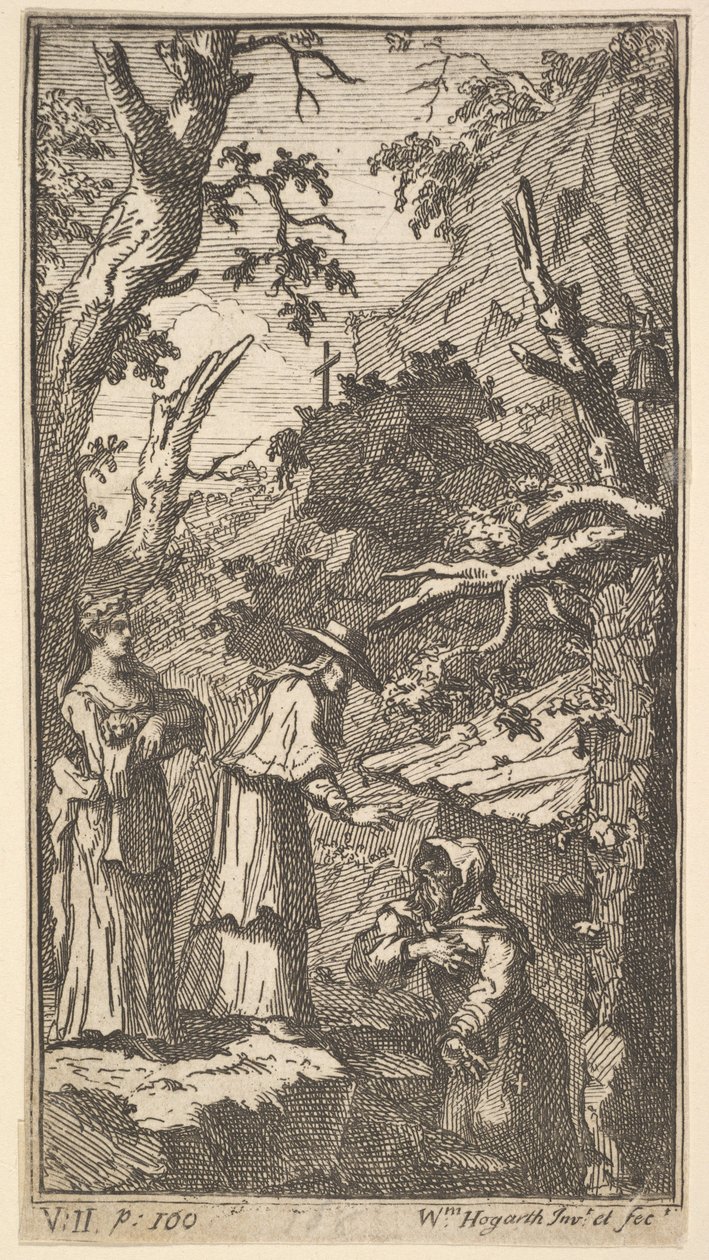 The New Metamorphosis, Plade 7: The Cardinal, a Eremit and Donna Angela Holding Fantasio, 1724. af William Hogarth