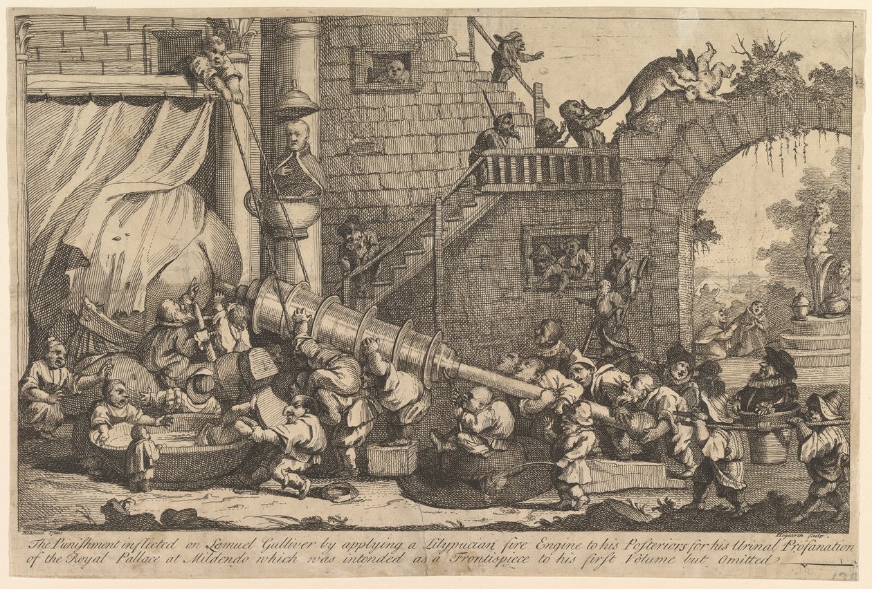 Straffen påført Lemuel Gulliver, december 1726. af William Hogarth