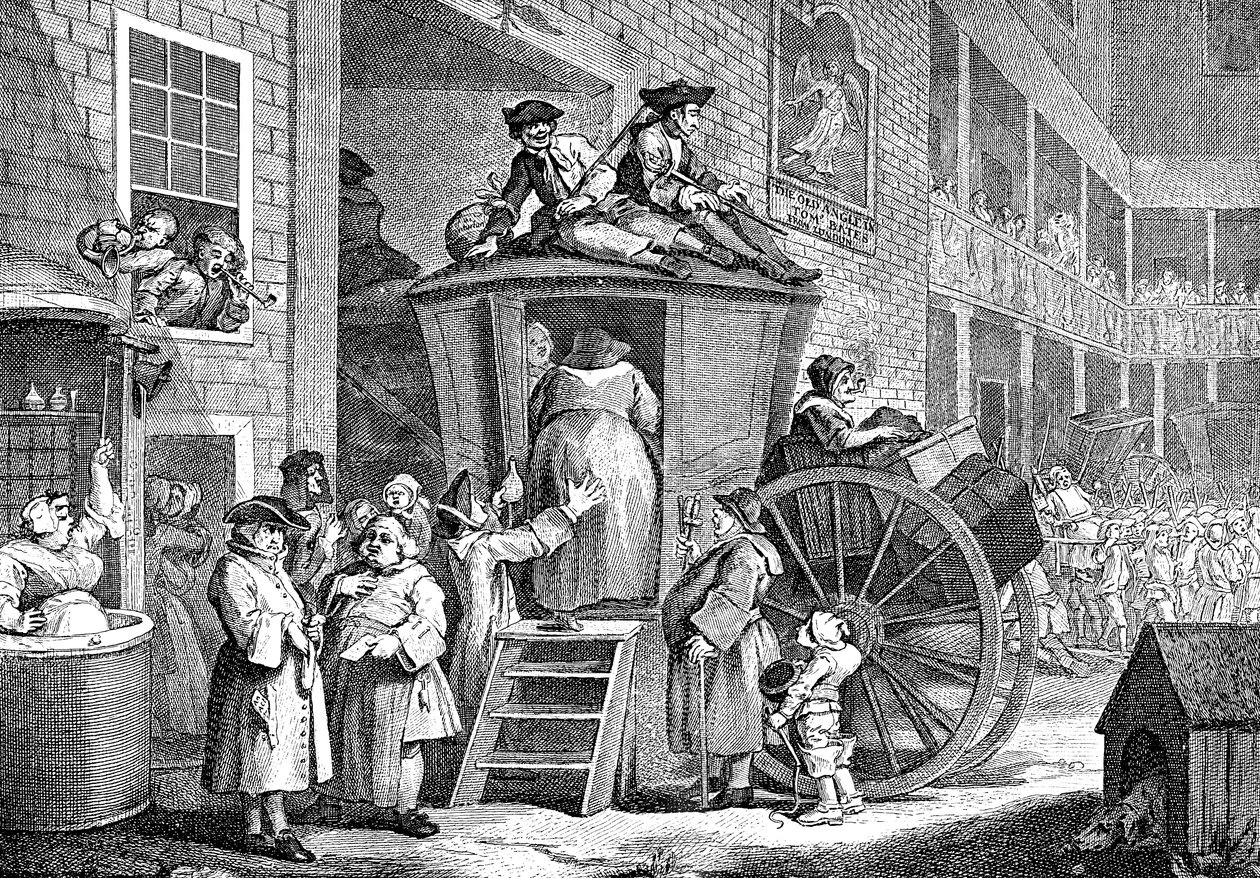 The Stage Coach eller Country Inn Yard, 1747 af William Hogarth