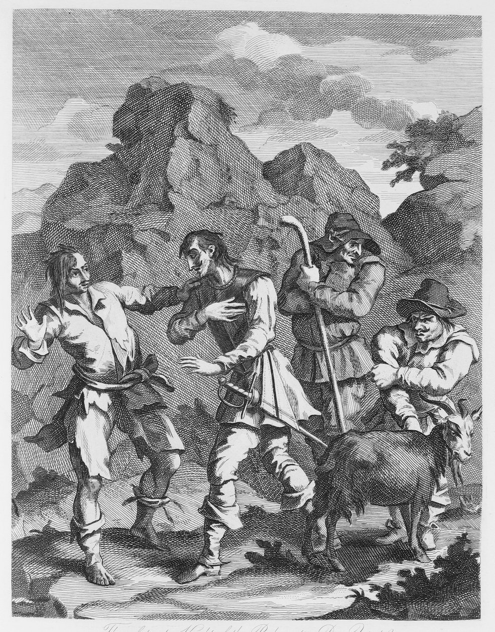Den uheldige ridder af klippen møder Don Quixote af William Hogarth
