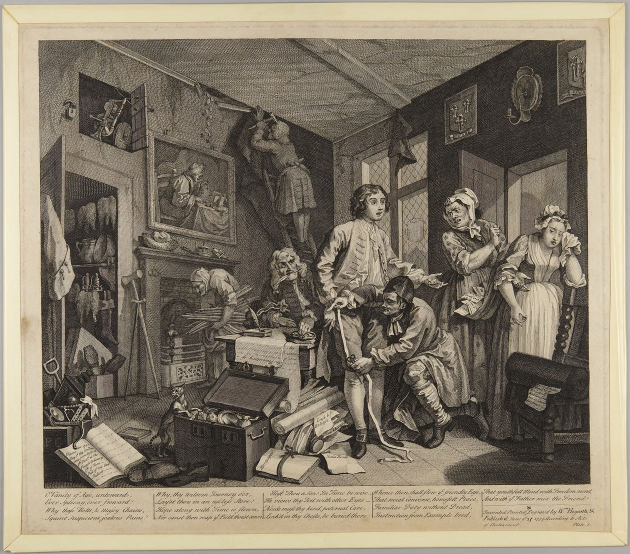 Den unge arving tager besiddelse, tavle 1 fra En svirebrors levnedsløb af William Hogarth
