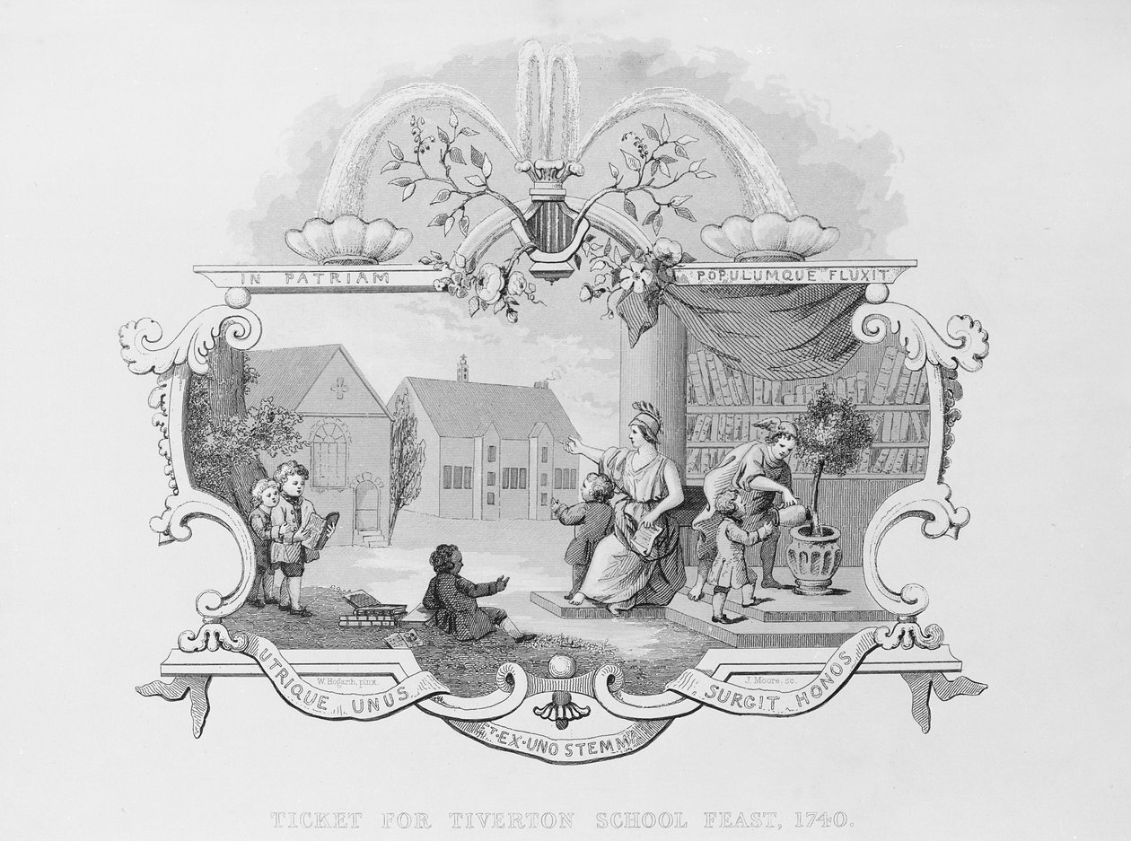 Billet til Tiverton School Feast, 1740, indgraveret af J. Moore af William Hogarth