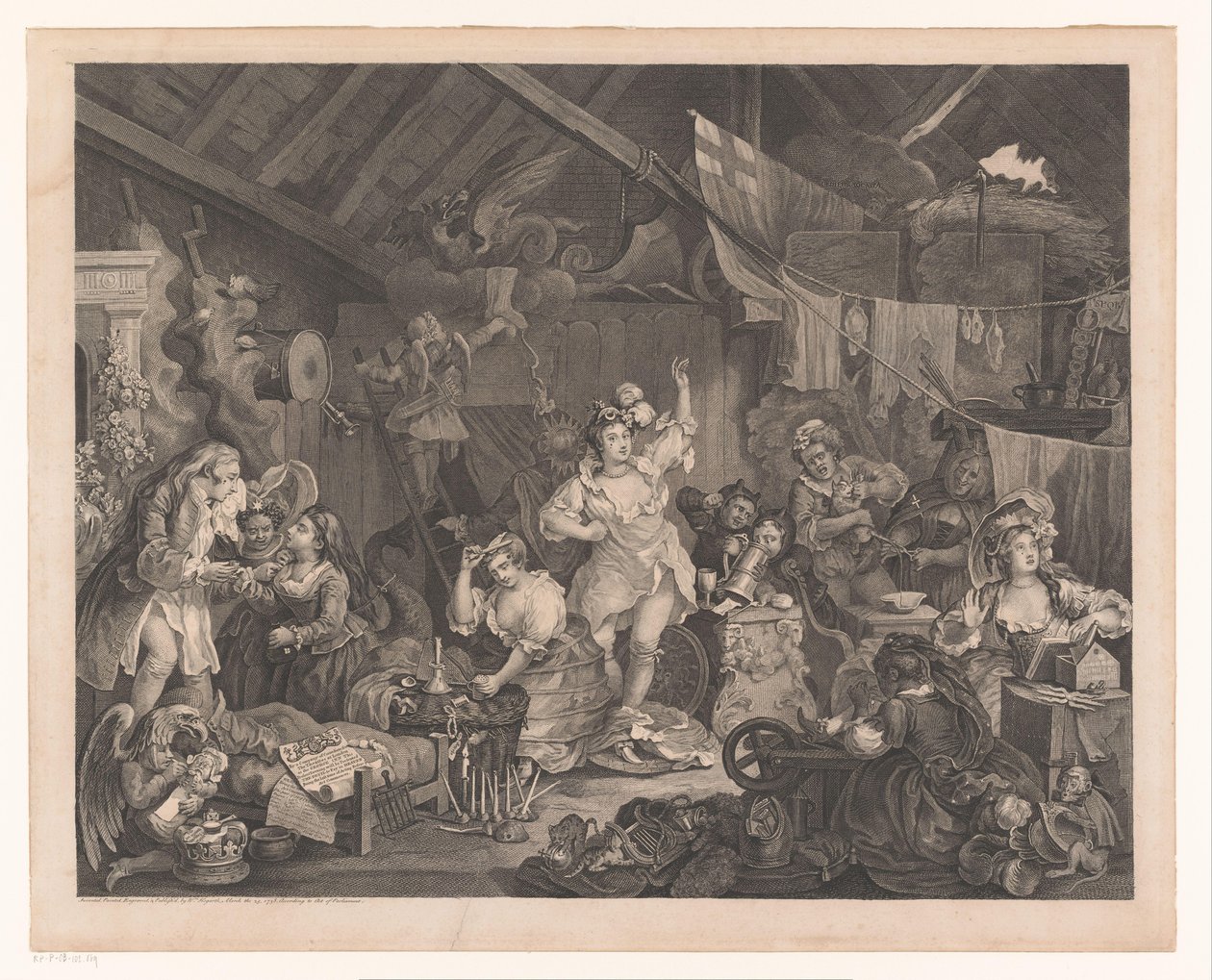 Udklædte skuespillerinder og børn i en lade Spadserende skuespillerinder klæder sig i en lade af William Hogarth