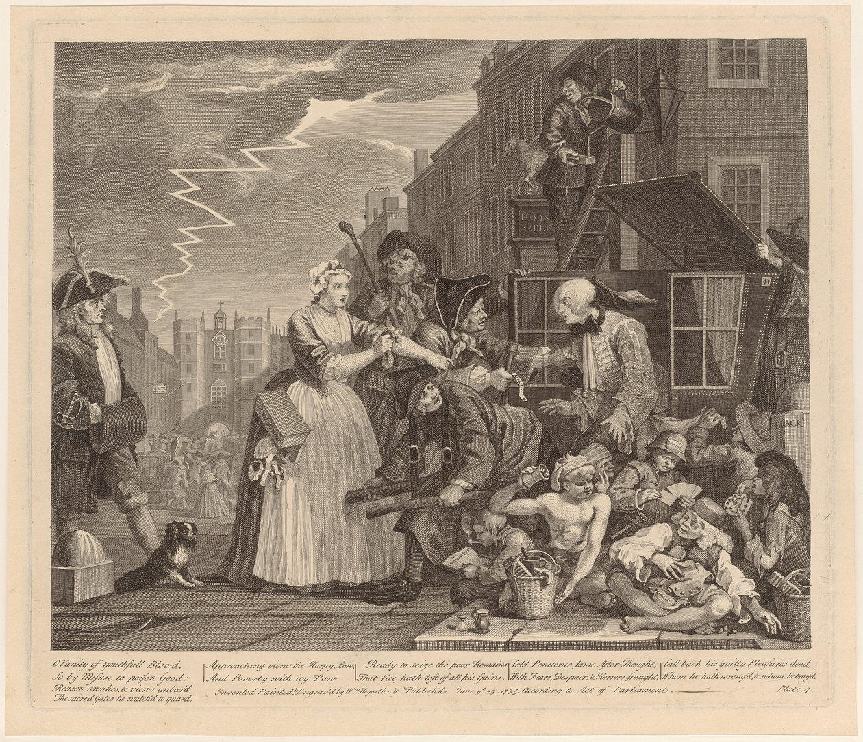 Anholdt for gæld, tavle 4 fra serien «En libertiners liv» af William Hogarth