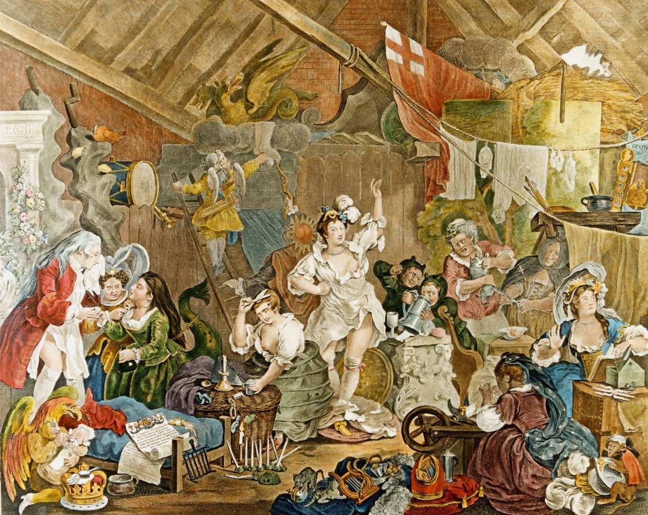 William Hogarthin "Kervelevät näyttelijät pukeutumassa navettaan" 1738 af William Hogarth