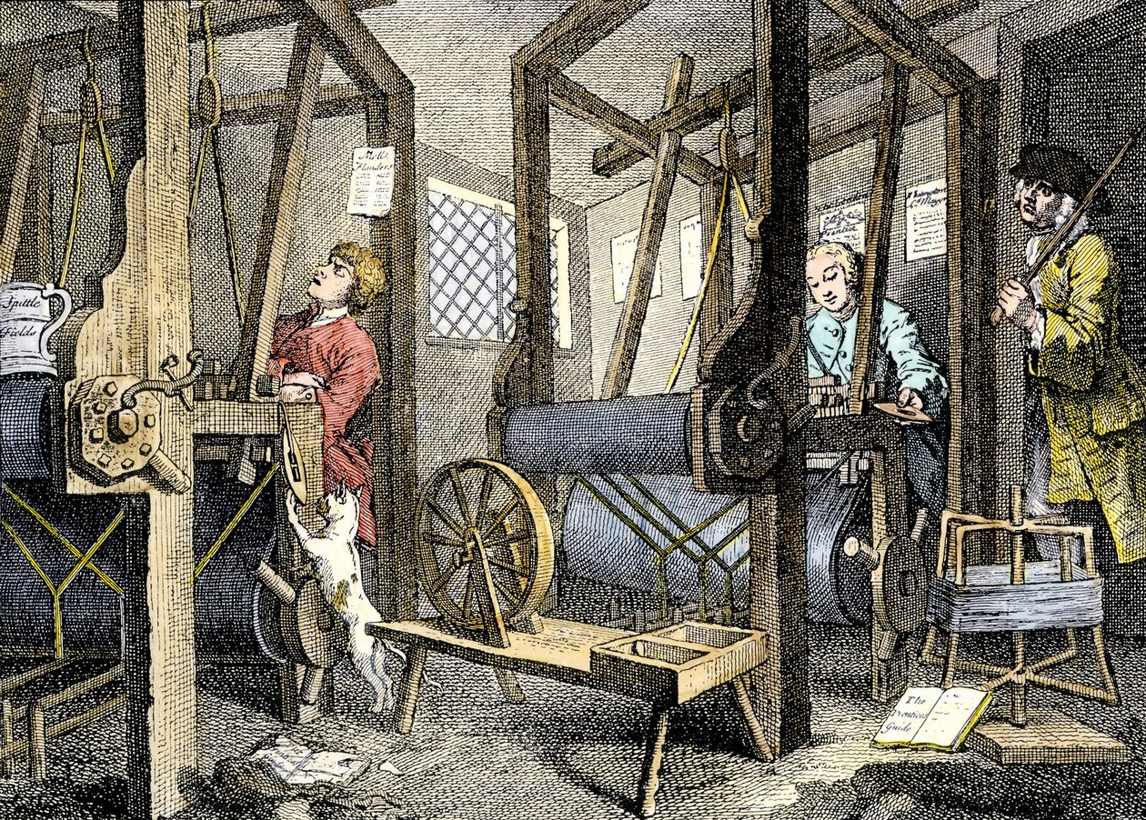 Værksted og arbejder med vævemateriale i Spitalfields, England af William Hogarth