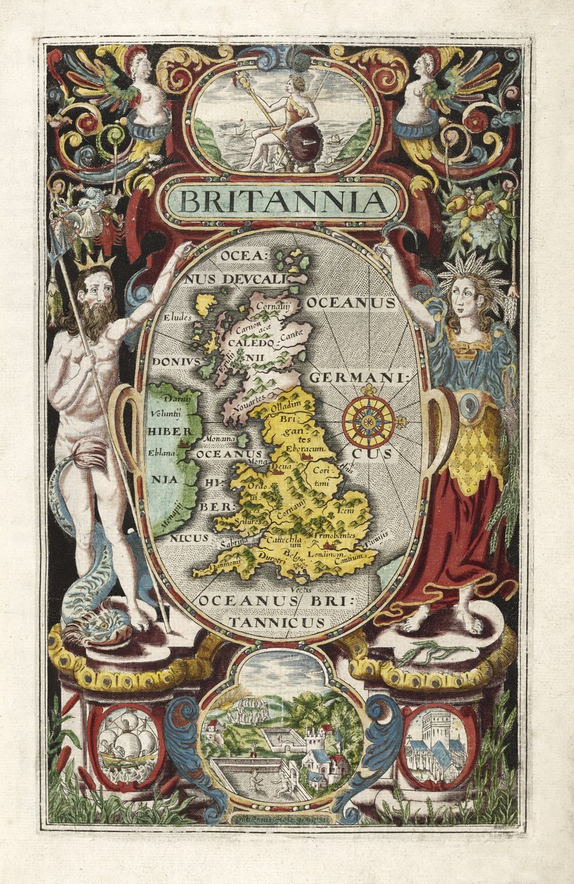 Frontispice fra Britannia, af William Camden, pub. 1607 af William Hole