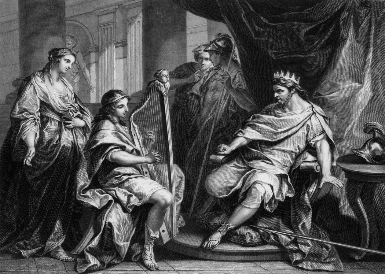 David tog en harpe og spillede med sin hånd, midten af det 19. århundrede. af William Holl
