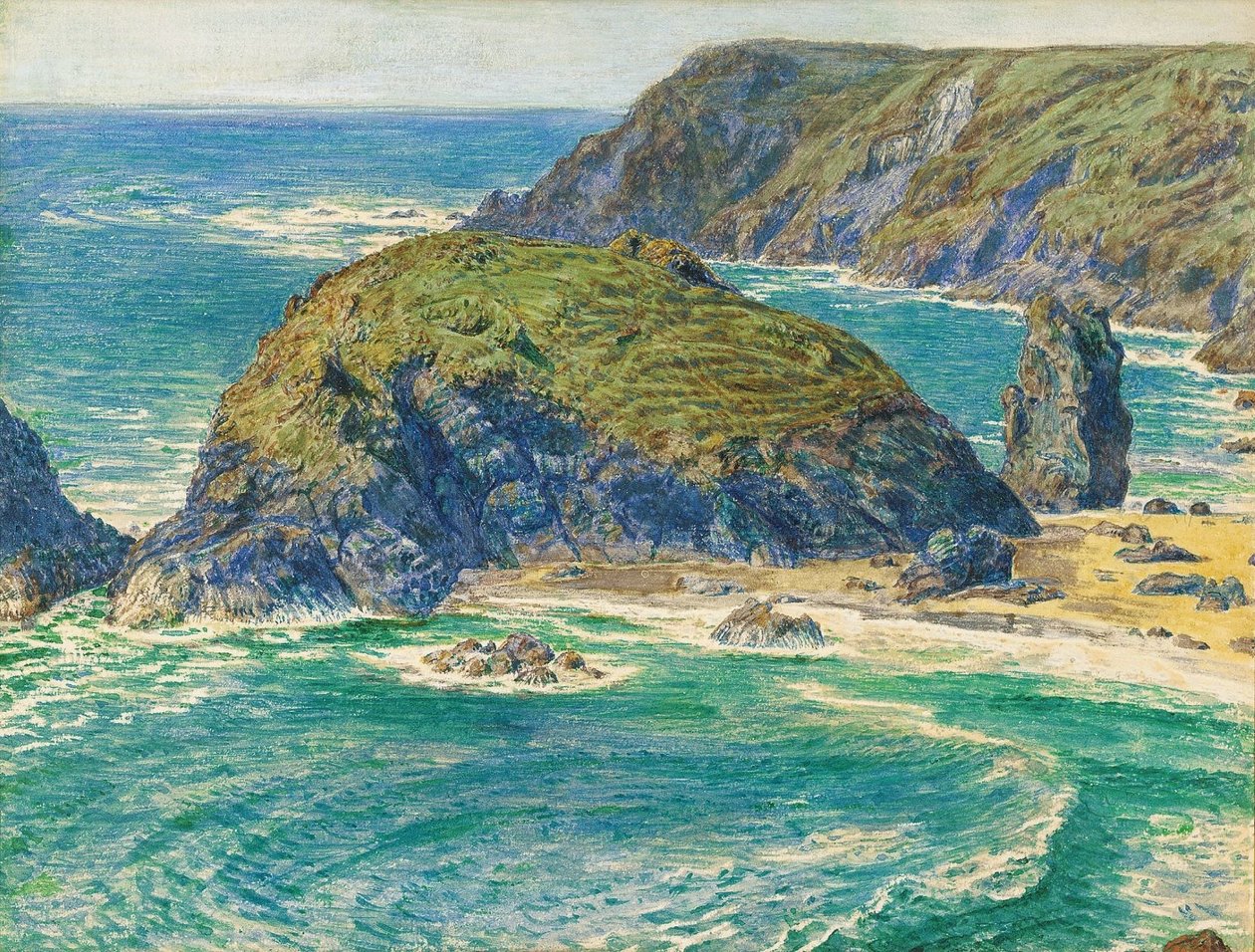 Asparges Island, Kynance, Cornwall (blyant og akvarel forstærket med hvid & med ridser ud) af William Holman Hunt