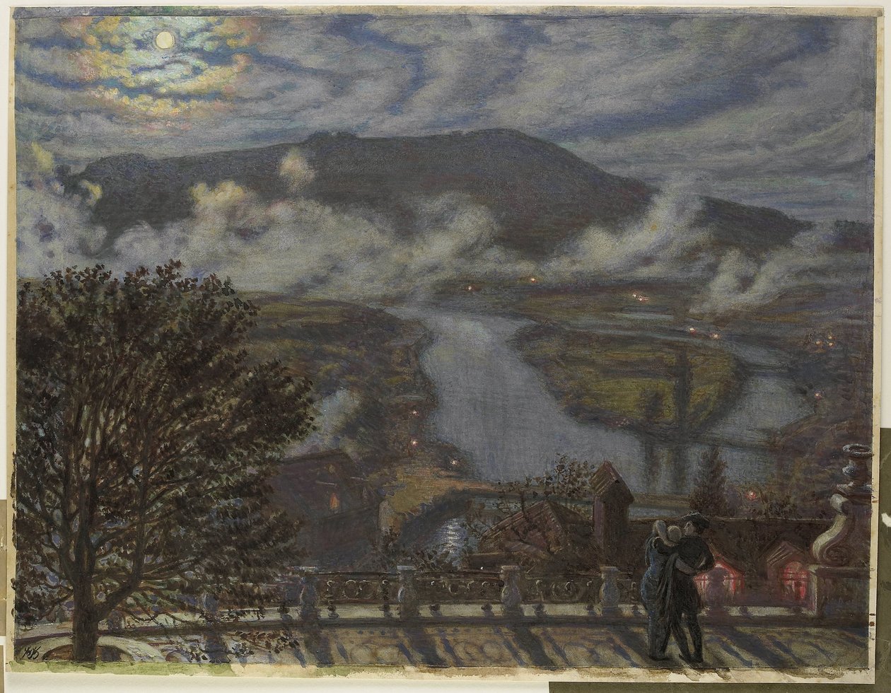 Udsigt fra terrasse af flodlandskab om natten The Terrace, Berne (titel på objekt) af William Holman Hunt