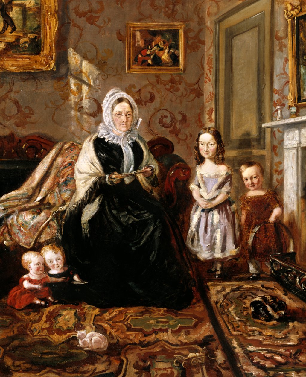 Gruppeportræt af Henry Clarks svigermor, fru Davies, og fire af hans børn i salen i hans hjem, 186 High Street, Homerton, ca. 1846 af William Holman Hunt