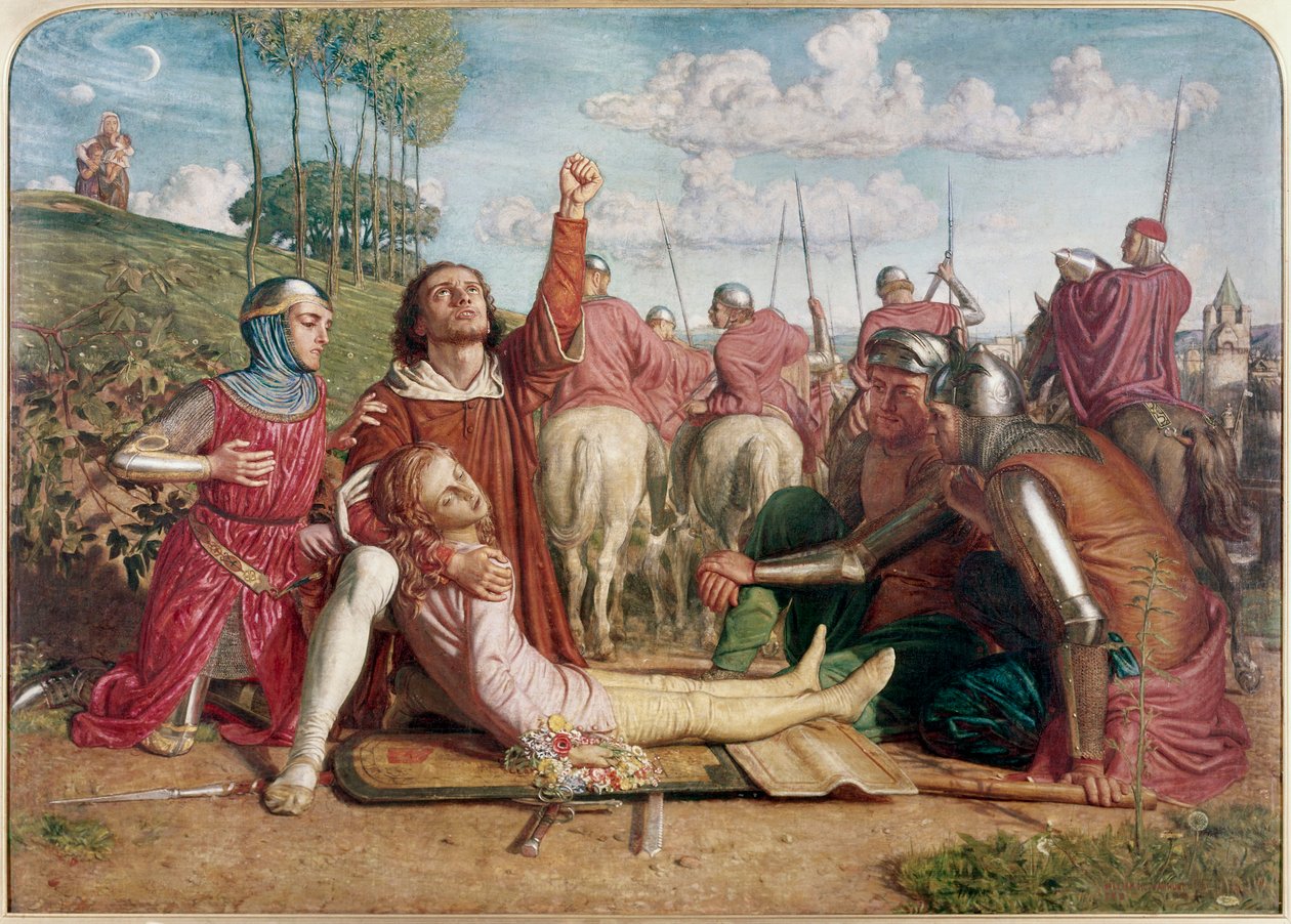 Rienzi, sværger at få erstatning for sin unge brors død, offer for en træfning mellem Orsini og Colonna af William Holman Hunt