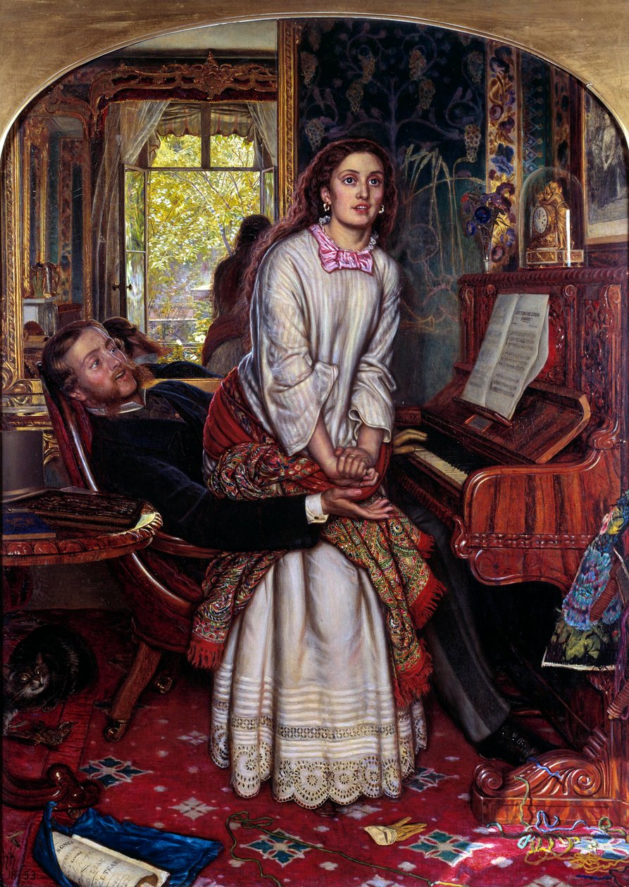 Den vågne bevidsthed En ung kvinde i synd hopper pludselig, plaget af åndelig åbenbaring, og søger at undslippe sin elskers arme. Maleri af William Holman Hunt (1827-1910) af William Holman Hunt