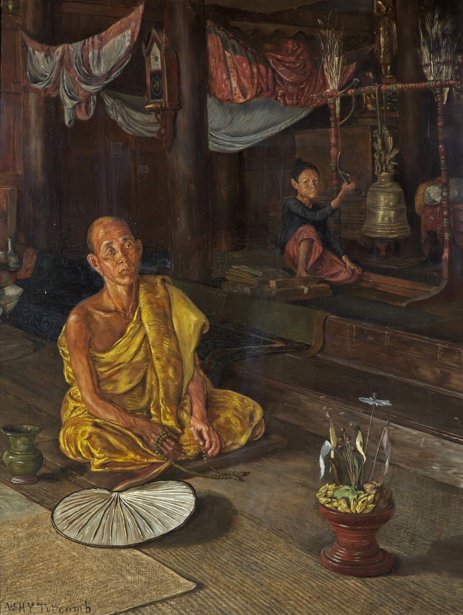 En burmesisk præst - Kaldet til bøn (olie på lærred) af William Holt Yates Titcomb