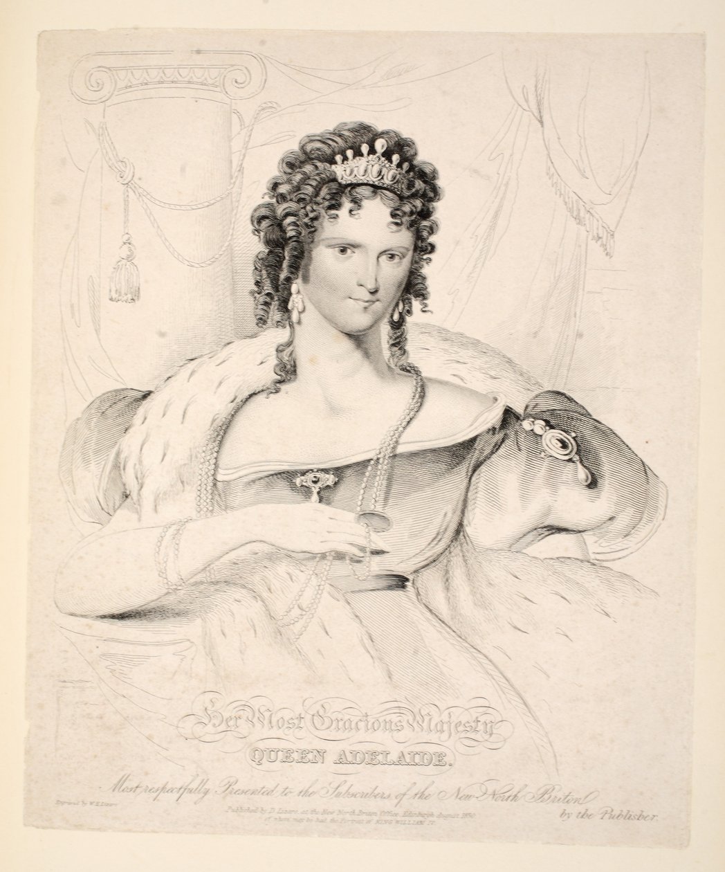 Hendes allernådigste Majestæt Dronning Adelaide, mest respektfuldt præsenteret for abonnenterne på New North Briton, pub. 1830 af William Home Lizars