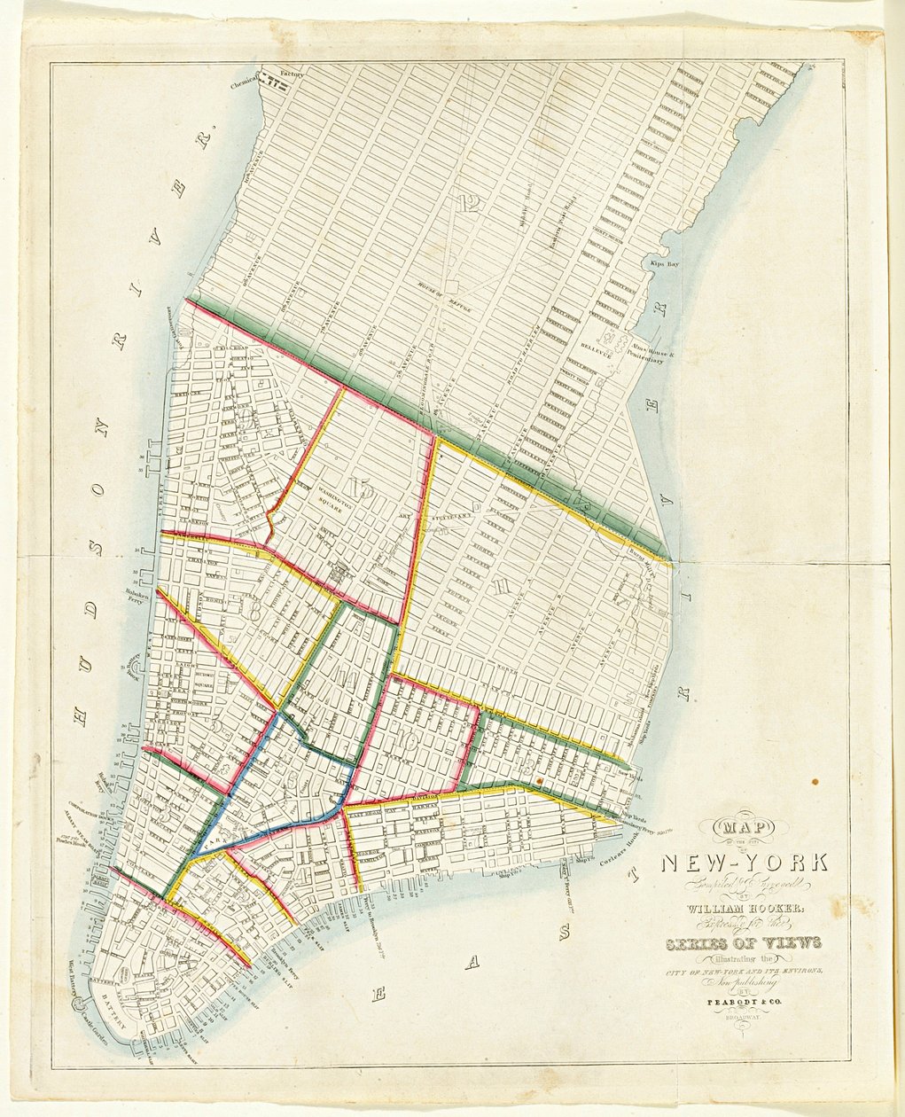 Kort over byen New York [så langt nordpå som East 53rd Street], 1885 (sort blæk, med håndfarvning, på papir) af William Hooker
