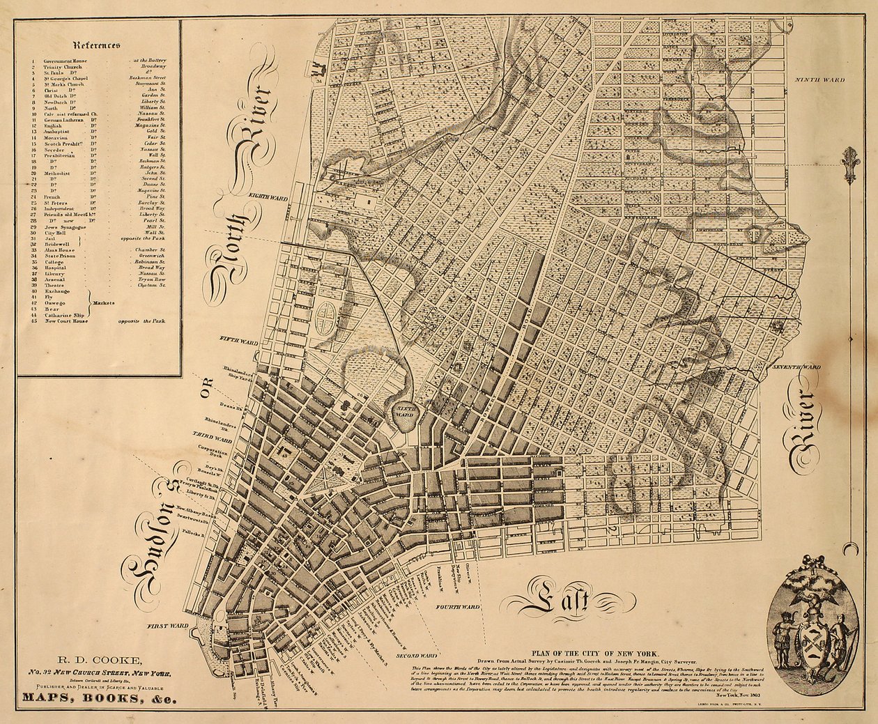 Plan over byen New York [så langt nordpå som East 31st Street], 1817 (sort blæk på papir, bagbeklædt med stof) af William Hooker