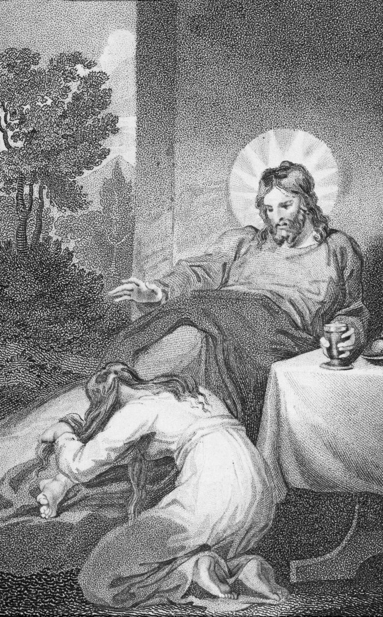 Maria salver Frelserens fødder, fra "The History and Life of Our Blessed Lord and Saviour Jesus Christ", af pastor J. Milner, udgivet af B. Crosby, 1808 af William Hopwood