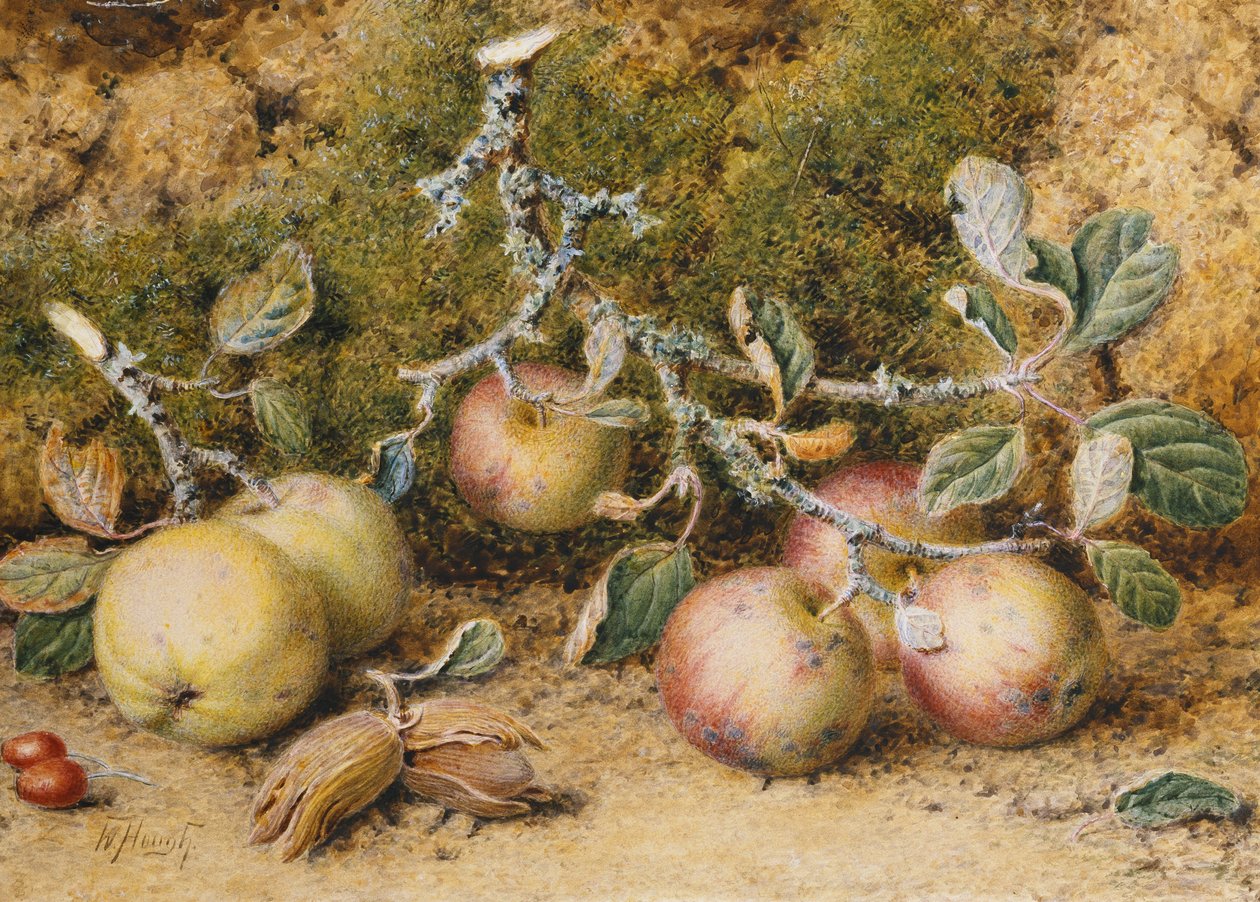 Stilleben med æbler, hasselnødder og hyben, af William Hough