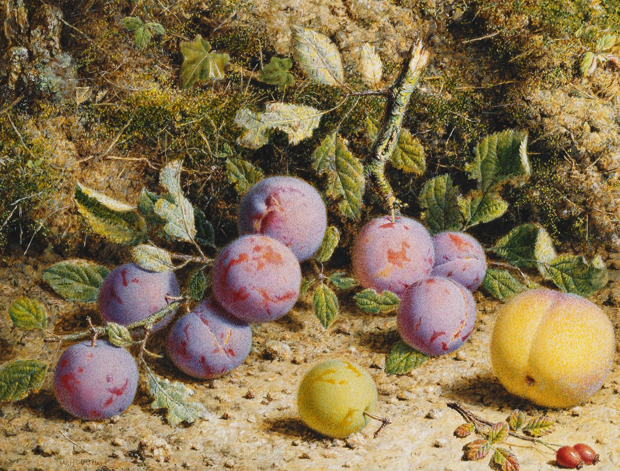 Stilleben med blommer, fersken og hyben, af William Hough