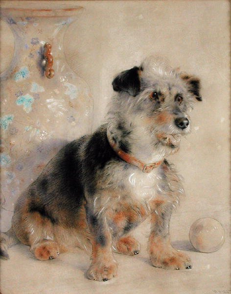 Terrier siddende foran en Canton Famille Rose Vase af William Huggins