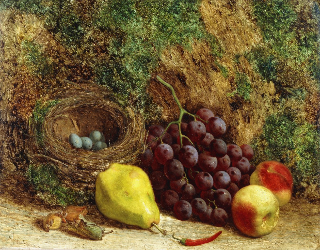 Druer, en pære, ferskner og en fuglerede ved en mosebanke, 1864 af William Hughes